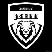 a black and white logo for rasmikumar with a lion head