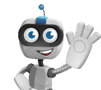 a cartoon robot with blue eyes and a blue antenna on its head