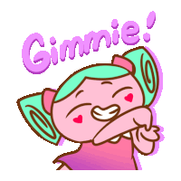 a cartoon drawing of a girl with hearts on her cheeks and the word gimmie above her