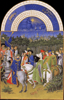 a painting of a group of people riding horses with a rainbow in the background