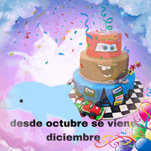 a birthday cake with cars on it and the words " desde octubre se viene diciembre " on the bottom