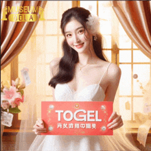 a woman in a white dress holds a red sign that says ' togel '