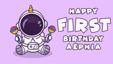 a happy first birthday aephia greeting card with an astronaut holding a lollipop