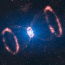 a picture of a galaxy with a blue center and pink rings around it