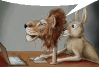 a cartoon of a lion and a rabbit looking at a computer