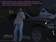 a man in a plaid shirt stands in front of a black truck