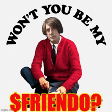 a man in a red sweater and tie is kneeling down with the words won t you be my $friendo ?