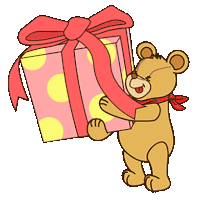 a brown teddy bear is holding a pink gift box with a red bow