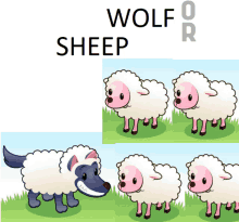 a cartoon of a wolf and sheep with the words wolf sheep above them