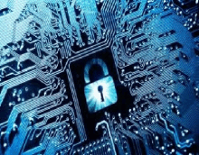 a close up of a computer motherboard with a padlock and a key .