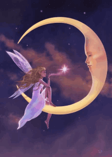 a fairy is sitting on a crescent moon with a face on it