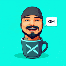 a cartoon of a man in a cup with a gm speech bubble above him