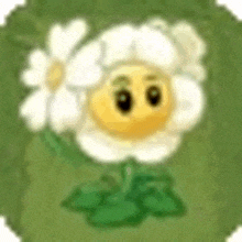 a cartoon flower with a yellow face and white petals is sitting on top of a green plant .