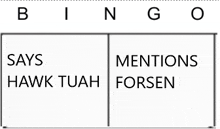 a black and white bingo board with the words `` says hawk tuah forsen '' written on it .