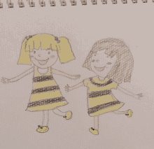 a child 's drawing of two girls wearing yellow striped dresses