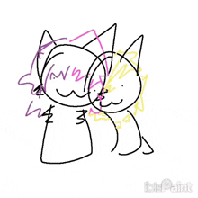 a black and white drawing of two cats hugging each other on a white background .