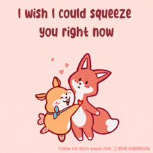 a cartoon of two animals hugging with the words " i wish i could squeeze you right now " below them