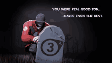 a soldier kneeling next to a gravestone that says 3 half life