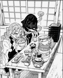 a black and white drawing of a man and woman sitting at a table eating food