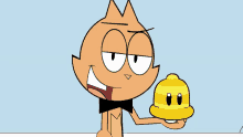 a cartoon cat is holding a small yellow object in his hand