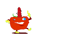 a cartoon drawing of a red apple with a worm on its head