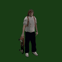 a man in a white shirt and black pants is holding a red skateboard