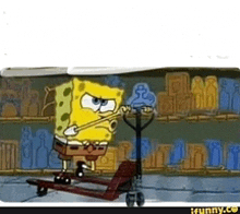 spongebob squarepants is pushing a pallet truck in front of a warehouse .