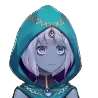 a girl with white hair and a blue hood is looking at the camera .