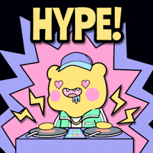 a cartoon of a bear playing records with the word hype behind him