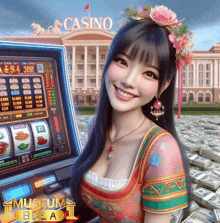 a woman playing a slot machine in front of a casino