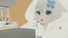 a 3d rendering of a girl with a blue cross on her head