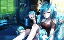 a girl with blue hair and a shirt that says miku