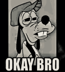 a black and white cartoon of goofy with the words okay bro below him