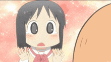 a cartoon of a girl with a surprised look on her face and a pink background