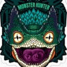 a sticker of a monster hunter logo with a lizard 's head and mouth open .