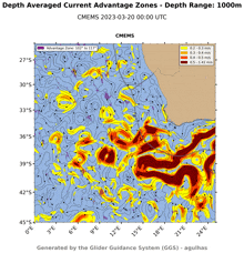 a map showing depth averaged current advantage zones at 1000m