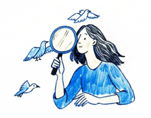 a drawing of a woman looking through a magnifying glass with birds flying around her