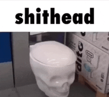 a toilet in the shape of a skull with the word shithead written above it