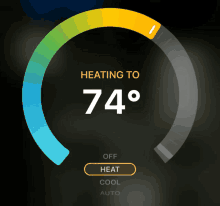 a thermostat shows that the temperature is currently 74 degrees