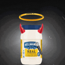 a bottle of hellman real mayonnaise with devil horns and a microphone attached to it