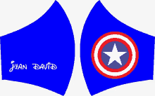 a blue face mask with a captain america logo and the name juan david on it