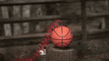 a basketball is sitting on a tree stump with a hose attached to it .