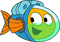 a cartoon fish is wearing a helmet and smiling