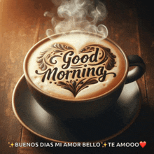 a cup of coffee with the words " good morning " written on it