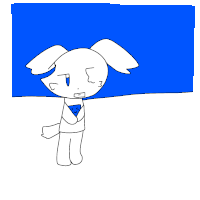 a cartoon drawing of a white dog with a blue shirt on