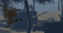 a video game scene with a helicopter and a military vehicle in the foreground