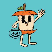 a cartoon drawing of an apple holding a trick or treat bag