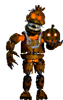 a nightmare chica from five nights at freddy 's is holding a pumpkin in her hand .