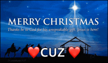 a merry christmas greeting card with a nativity scene and the words merry christmas thanks be to god for his unspeakable gift