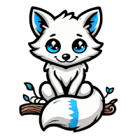 a cartoon drawing of a white fox with blue eyes sitting on a tree branch